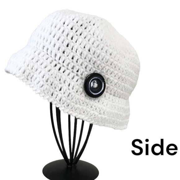 Brand New Handmade Crochet White Bucket Hat with a Nice Accent Black Button - Picture 5 of 5